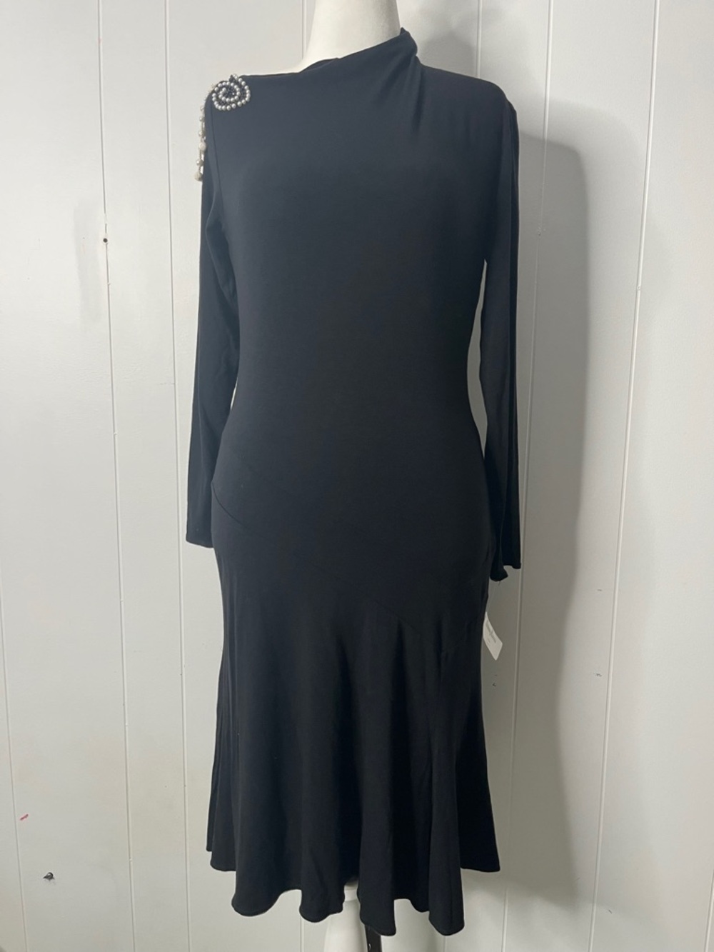 Blumarine Black Long-Sleeve Midi Dress with Pearl Shoulder Detail Size 14 NWT